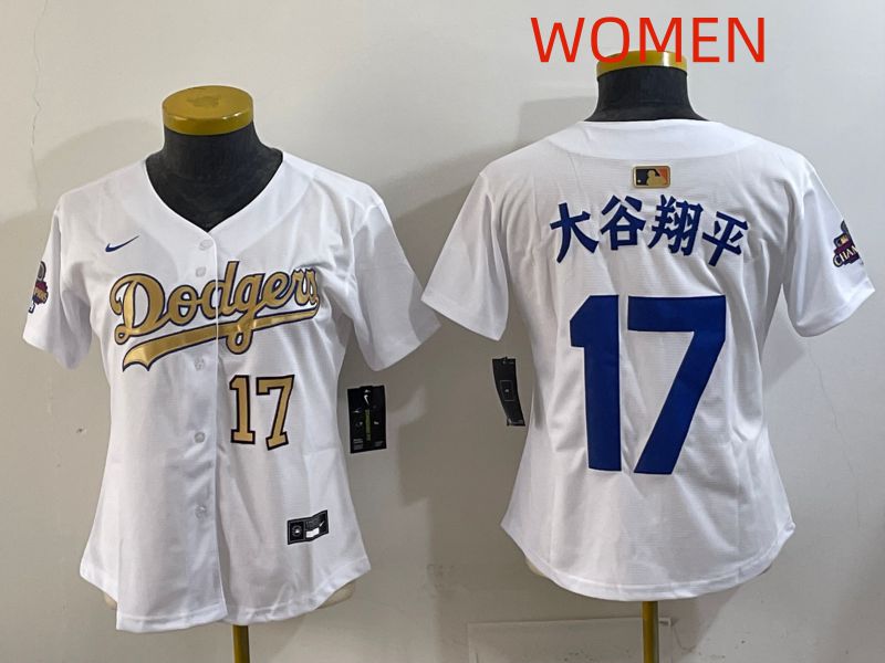 Women Los Angeles Dodgers #17 Ohtani White Champion edition Nike MLB Jersey style 003